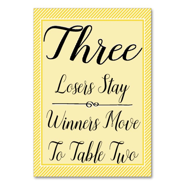 Bunco Table Card #3 - Stilvoller, gelber Streifen Tischnummer (Vorderseite)