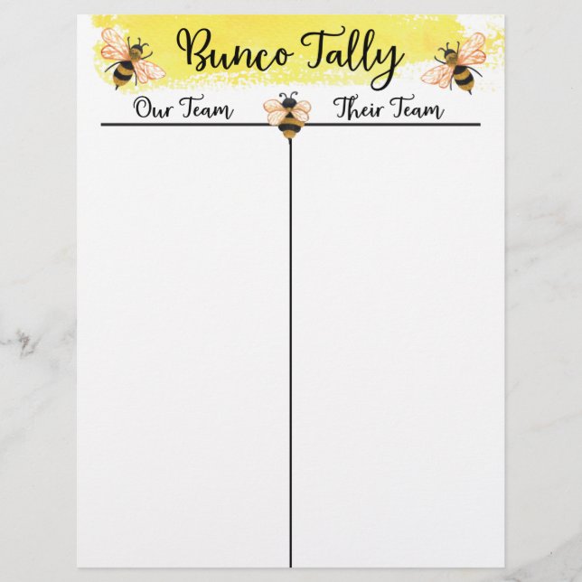 Bunco Tally Score Sheet Bee (Vorderseite)