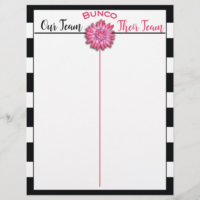 Bunco Tally Score Sheet Black & White Pink Flower (Vorderseite)
