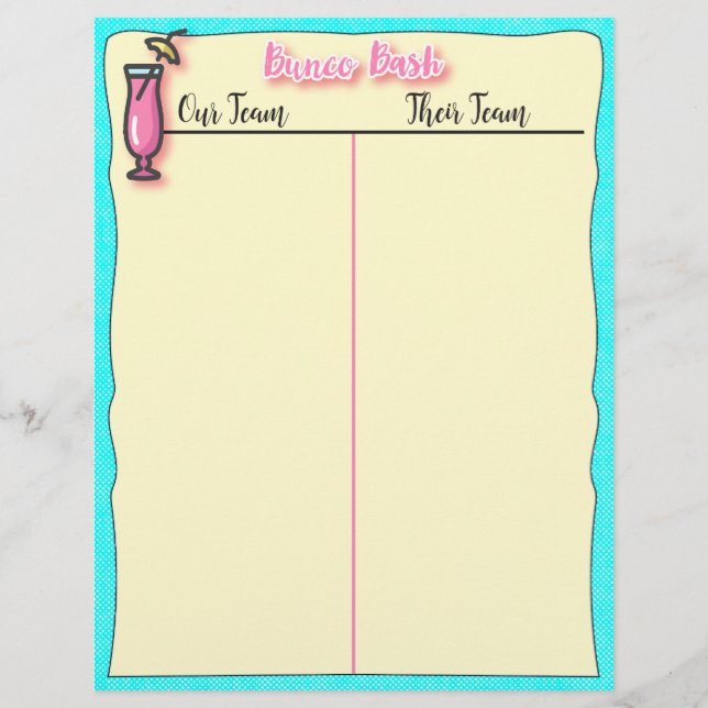 Bunco Tally Sheet - Pink Tropical Beach Drink (Vorderseite)