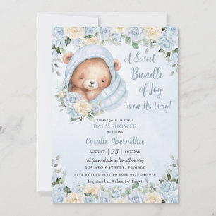Bundle of Joy Bear Blue Floral Boy Baby Shower Einladung