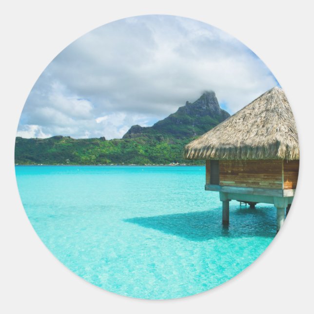 Bungalow über Wasser, Rundaufkleber Bora Bora Runder Aufkleber (Vorderseite)