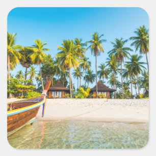 Bungalowe auf dem Strand   Ko Mook, Thailand Quadratischer Aufkleber