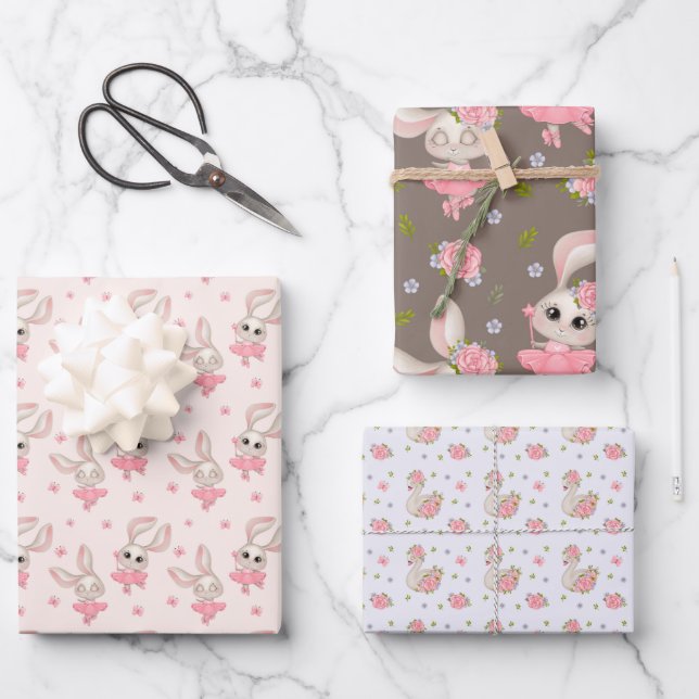 Bunnens und SwansWrapping Paper Flat Sheet Set 3 Geschenkpapier Set (Vorderseite)