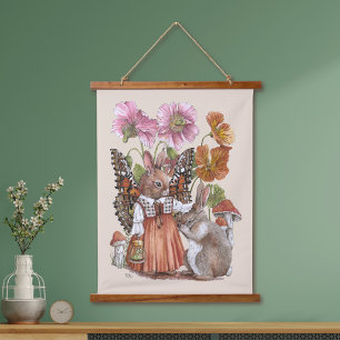 Bunnerfly Tröstendes Kaninchen Whimsical Aquarel Wandteppich Mit Holzrahmen