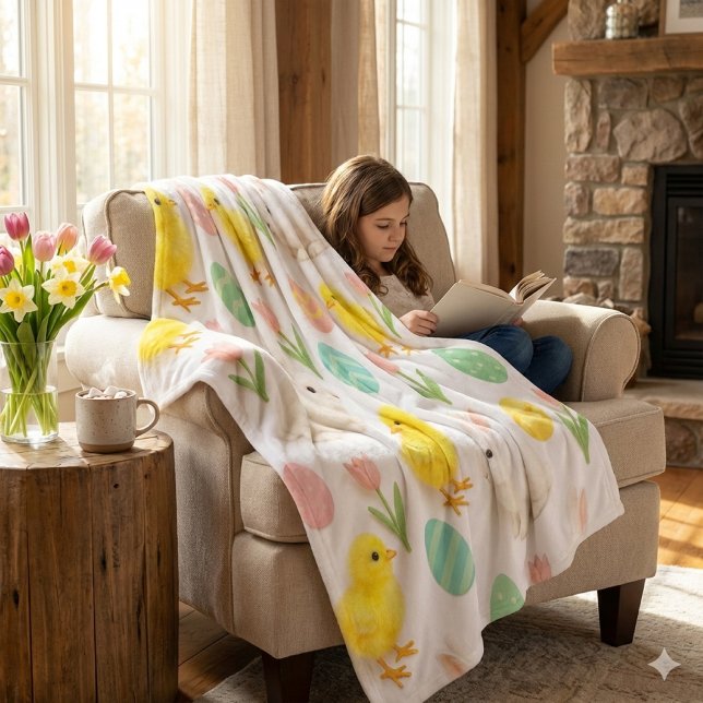 Bunnies and Chicks Pattern Fleecedecke (Cozy moments are enhanced by reading a book by the fire and using a warm, springtime fleece blanket)