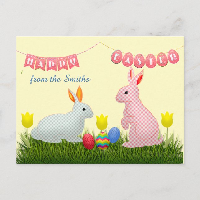 Bunnies, Eier, Tulpen und glückliche Osterjagd Postkarte (Vorderseite)