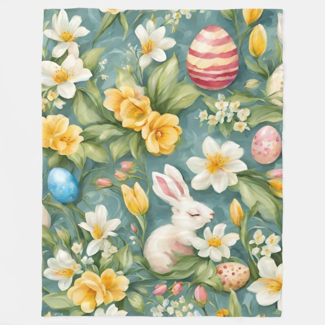 Bunnies, Frühlingsblumen und Ostereier. Malerei Fleecedecke (Vorderseite)