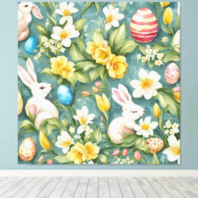 Bunnies, Frühlingsblumen und Ostereier. Malerei Leinwanddruck (Insitu (Holzboden))