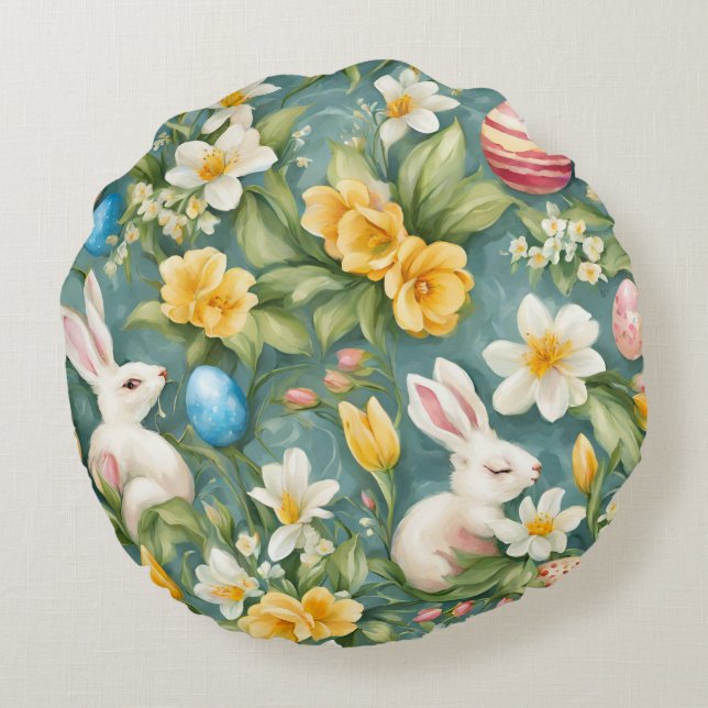 Bunnies, Frühlingsblumen und Ostereier. Malerei Rundes Kissen (Rückseite)