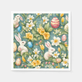 Bunnies, Frühlingsblumen und Ostereier. Malerei Serviette