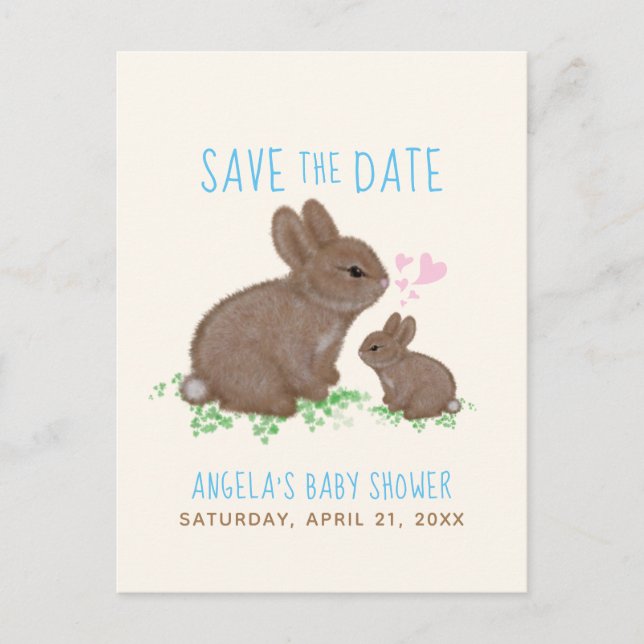Bunnies Hearts Boy Babydusche Save the Date Ankündigungspostkarte (Vorderseite)