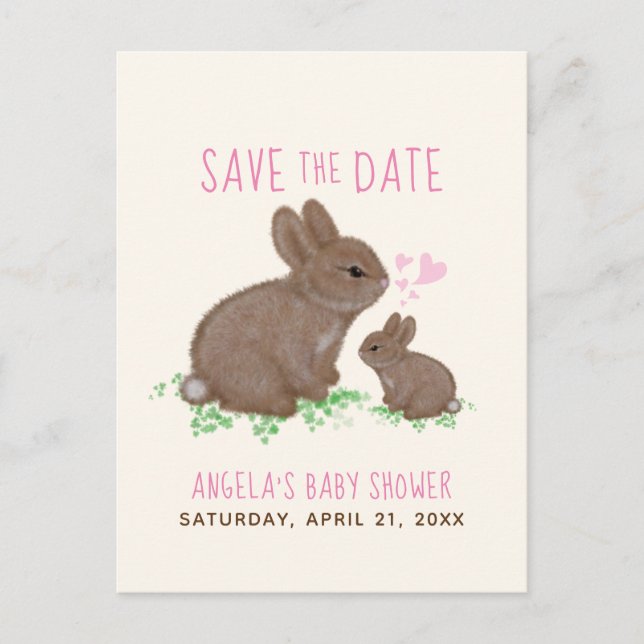 Bunnies Hearts Girl Babydusche Save the Date Ankündigungspostkarte (Vorderseite)