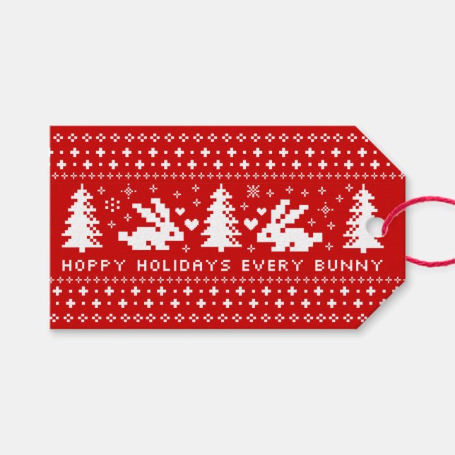 Bunnies Hoppy Holidays Niedliche Kaninchen nach Geschenkanhänger (Vorderseite (Horizontal))