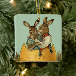 Bunnies in einem Goldeier, Vintag Viktorianischer  Keramikornament