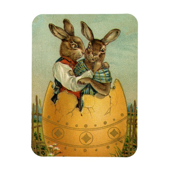 Bunnies in einem Goldeier, Vintag Viktorianischer  Magnet (Vertikal)
