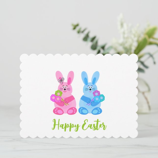 Bunnies mit Blume Feiertagskarte (Stehend Vorderseite)