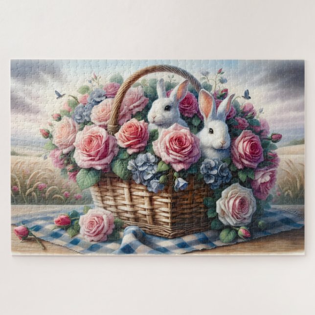 Bunnies Nestled Among Cottage Roses Puzzle (Horizontal)