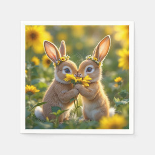 Bunnies Riechen einer gelben Sonnenblume Serviette