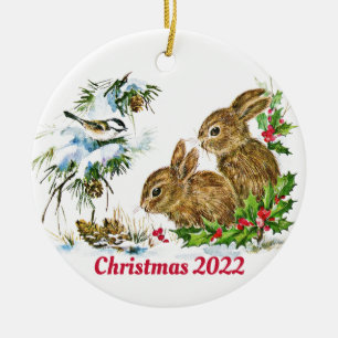 Bunnies und Bird genießen Schnee Custom Christmas Keramik Ornament