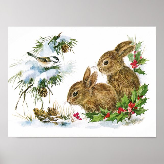 Bunnies und Bird genießen Schnee Weihnachtsdekorat Poster (Vorne)