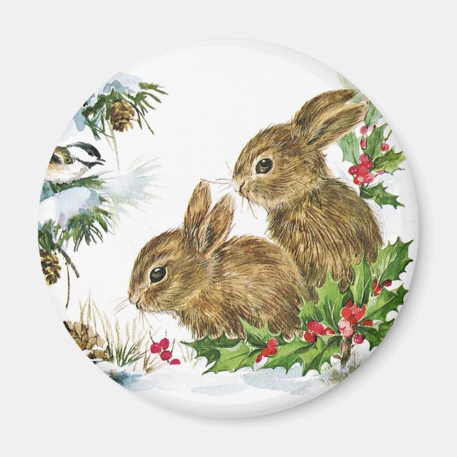 Bunnies und Bird geniessen Weihnachtsschnee Magnet (Vorne)