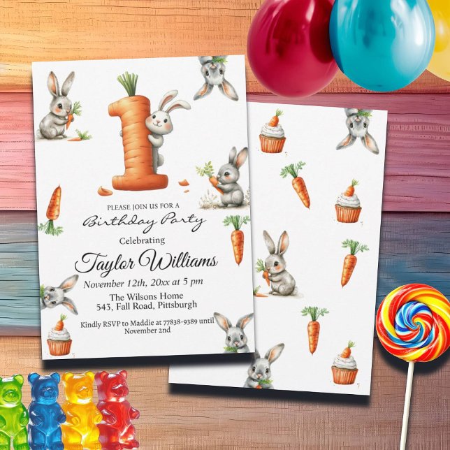 Bunnies und Carrots 1. Geburtstag Party Einladung (Von Creator hochgeladen)