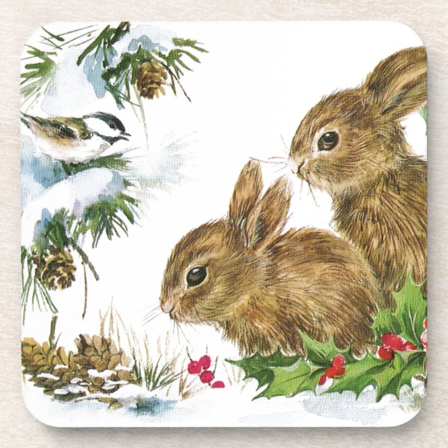 Bunnies und Vögel genießen Schnee Untersetzer (Vorderseite)