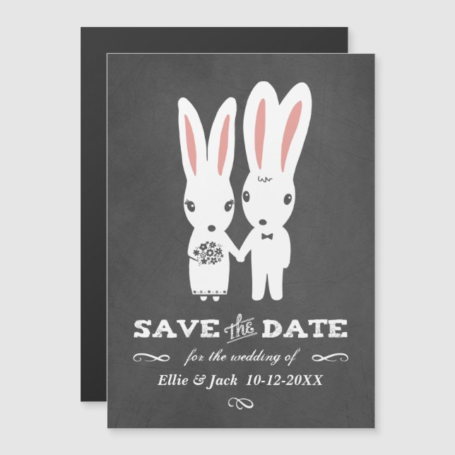 Bunnies Wedding Chalkboard Style Save the Date Magneteinladung (Vorne/Hinten)