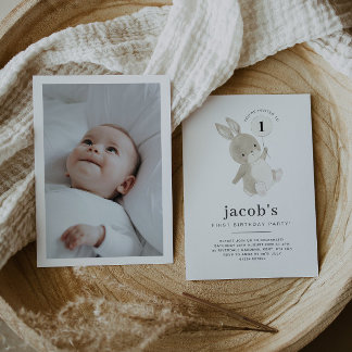 Bunny 1. Geburtstag Foto Einladung Weißer Ballon