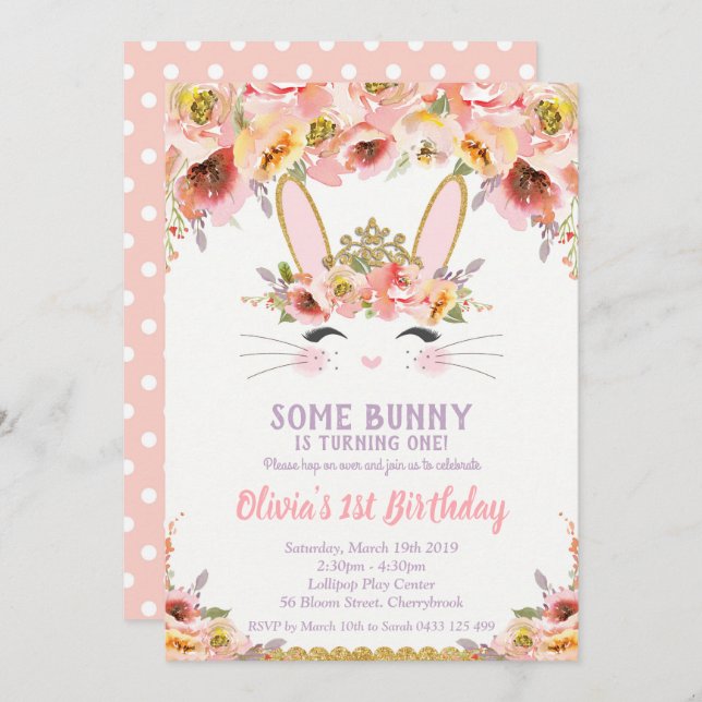 Bunny 1st Birthday Einladungen Girls Floral Rabbit (Vorne/Hinten)