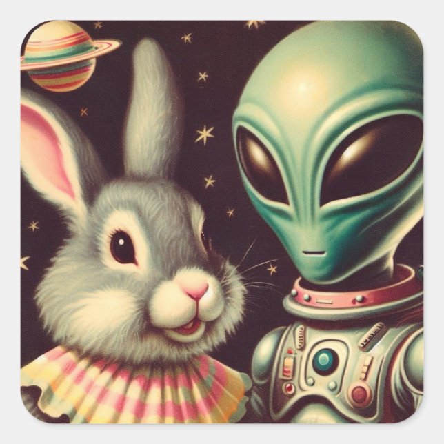 Bunny and Space Alien Retro Kitschy Sci Fi Aufkleb Quadratischer Aufkleber (Vorderseite)