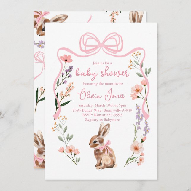 Bunny baby Dusche Einladung Rosa Bugmädchen Blume (Vorne/Hinten)