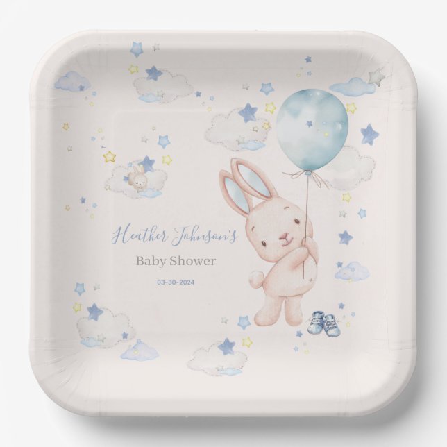 Bunny Baby Shower Boy Pappteller (Vorderseite)
