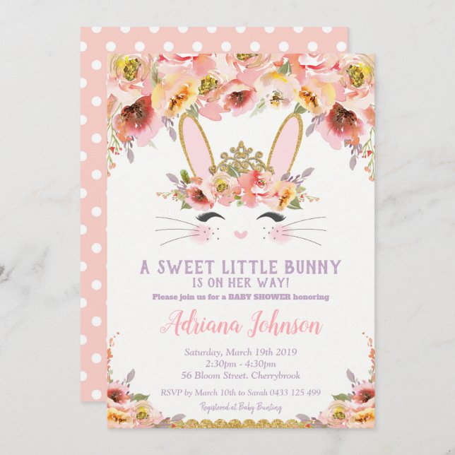 Bunny Baby Shower Einladungen Girl Floral Rabbit (Vorne/Hinten)