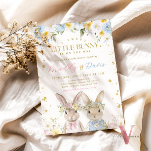 Bunny Baby Shower Pink Blue Gold Gender Reveal Einladung