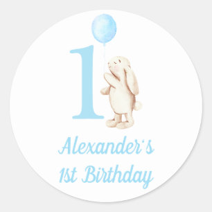 Bunny & Balloon Blue 1. Geburtstag Runder Aufkleber