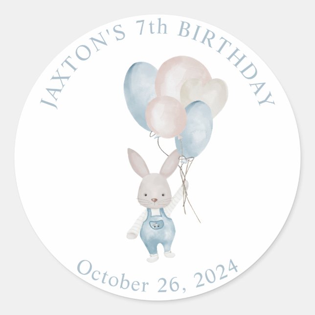 Bunny Balloons Birthday Classic Round Runder Aufkleber (Vorderseite)