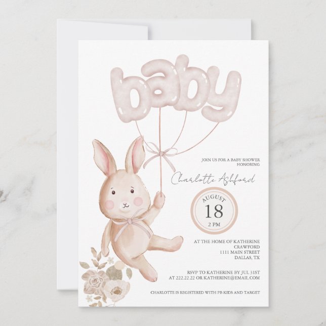 Bunny Balloons Watercolor Boho Neutral Baby Dusche Einladung (Vorderseite)