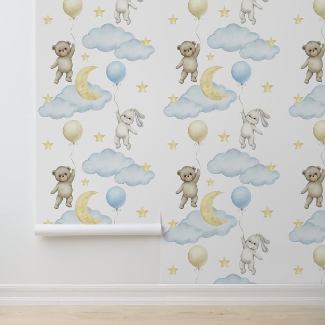 Bunny Bear Balloons Moon Star Cloud Baby Boy Tapete (Anwendung)