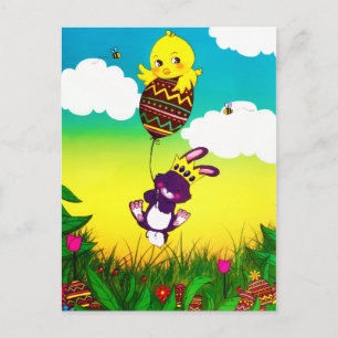 Bunny Bee Chicks Oster-Eiersuche Wasserfarbe Postkarte
