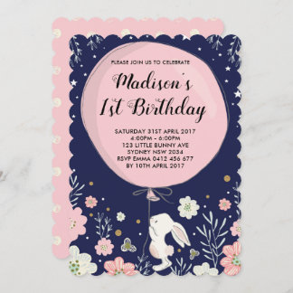 Bunny Birthday Invite Rabbit Navy Pink Twinkl Star Einladung