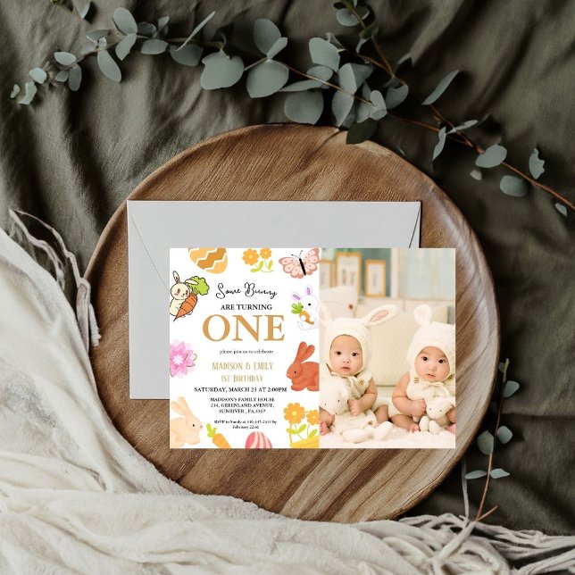 Bunny Birthday Ostereier Twin 1. Geburtstag Einladung (Von Creator hochgeladen)