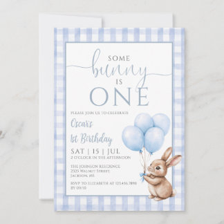 Bunny Blue Balloons Photo 1st Birthday Party Einladung