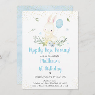 Bunny Blue Boy Greenery Geburtstag Einladung