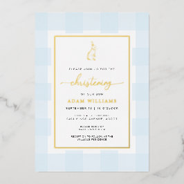 Bunny Blue Gingham Christening Foil Einladung