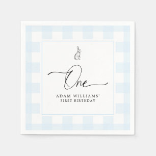 Bunny Blue Gingham First Birthday Paper Napkin Serviette