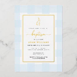 Bunny Blue Gingham Taufe Gold Foil Einladung