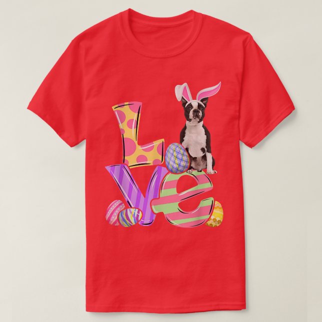 Bunny Boston Terrier Dog Happy Ostereier Tree T-Shirt (Design vorne)