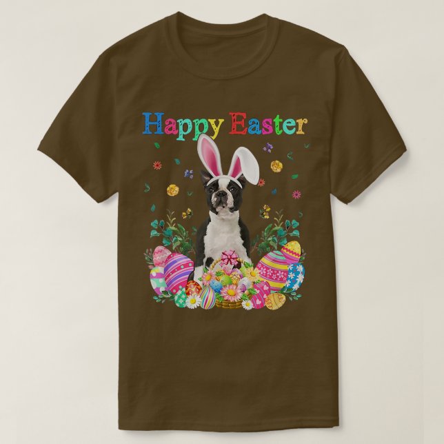 Bunny Boston Terrier Hund Happy Ostereier  T-Shirt (Design vorne)